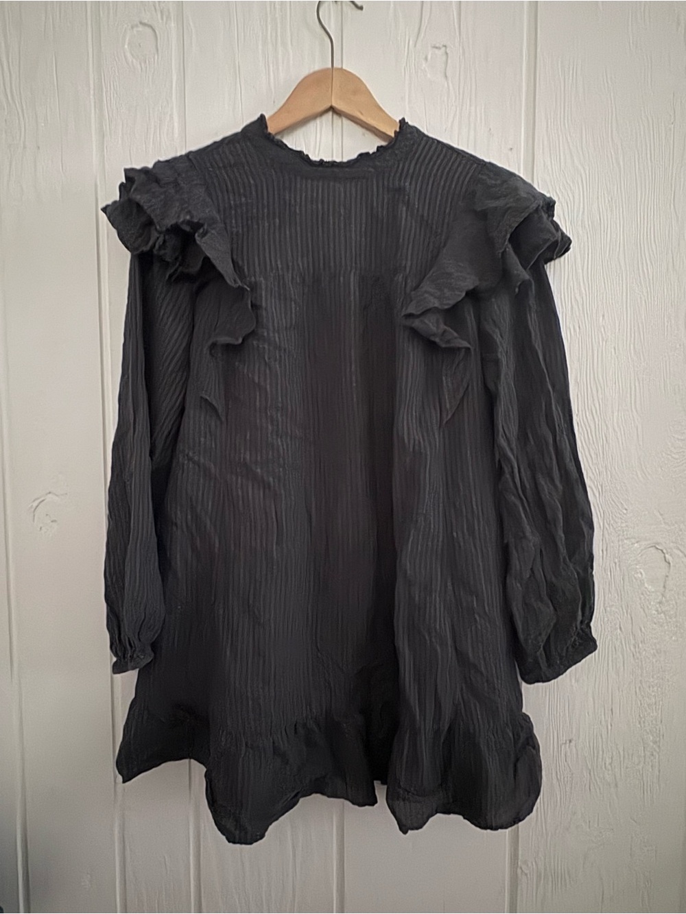 Baby Doll Grey Ruffle-Trim Long Sleeve Dress